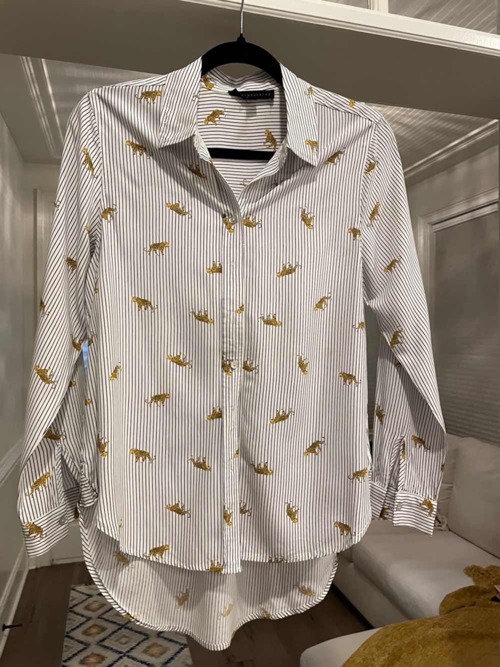 Women’s White Pinstripe Shirt with Gold Tiger Print